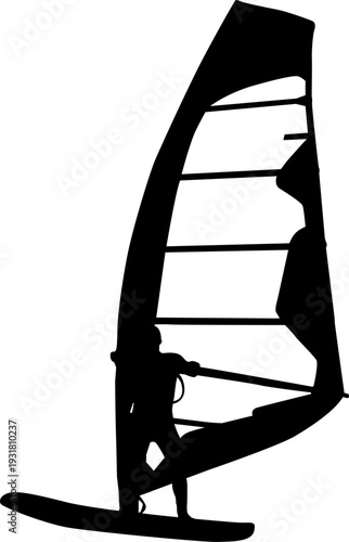 Black silhouette of a man windsurfing on a board with sail isolated on white background. Extreme water sport concept for summer vacation, adventure, or outdoor lifestyle design