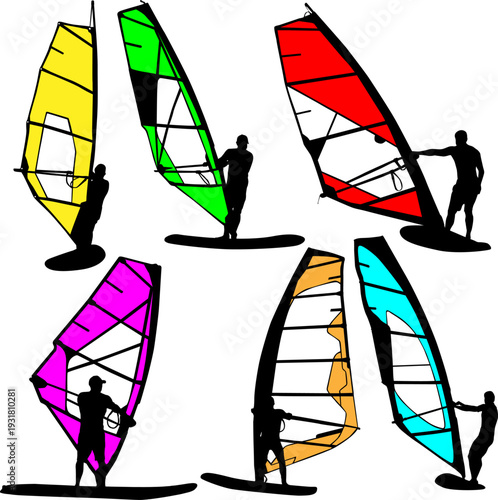 Set of black silhouette windsurfing men on boards with colorful sails isolated on white background. Bright water sport collection for summer adventure and outdoor design