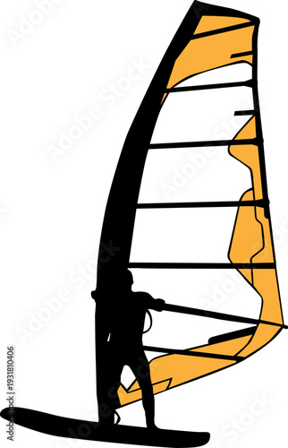 Black silhouette of a man windsurfing on a board with colorful sail isolated on white background. Bright extreme water sport concept for summer vacation, adventure, or outdoor lifestyle design