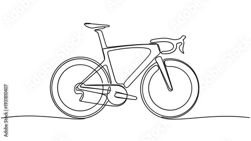 A minimalist line drawing depicts a sleek road bicycle in profile