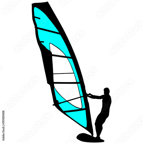 Black silhouette of a man windsurfing on a board with colorful sail isolated on white background. Bright extreme water sport concept for summer vacation, adventure, or outdoor lifestyle design