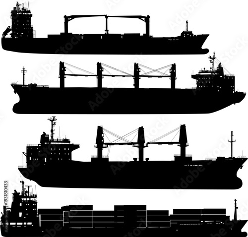 Set of black silhouette cargo ships isolated on white. Collection includes container vessel and multi-purpose freighter with cranes. Industrial graphics for maritime transport and logistics