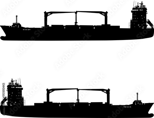 Black silhouette of a multi-purpose cargo ship with onboard cranes isolated on white background. Industrial graphic for maritime transport, logistics, or heavy lift shipping design