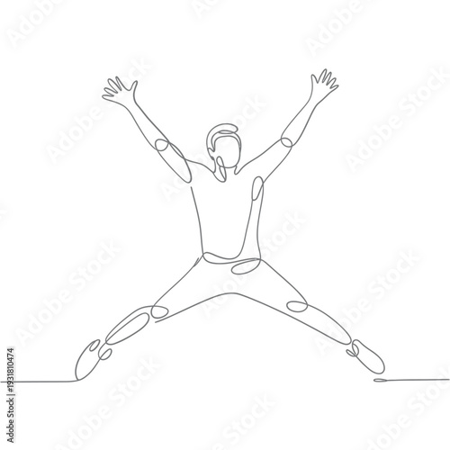 A joyful man depicted in a continuous line drawing jumps for happiness