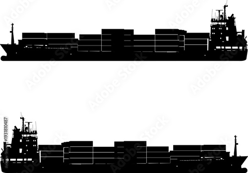 Black silhouette of a cargo ship or container vessel isolated on white background. Simple graphic for maritime transport, logistics, or international shipping design