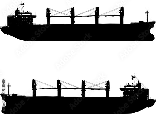 Black silhouette of a multi-purpose cargo ship with onboard cranes isolated on white background. Industrial graphic for maritime transport, logistics, or heavy lift shipping design