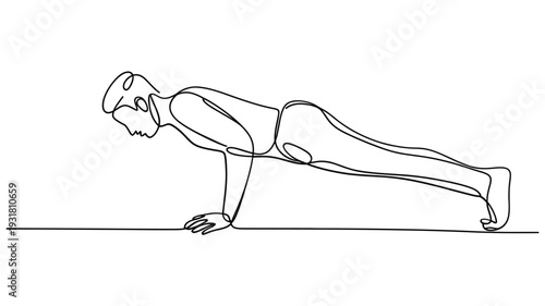 Continuous line drawing of a man performing a push up exercise