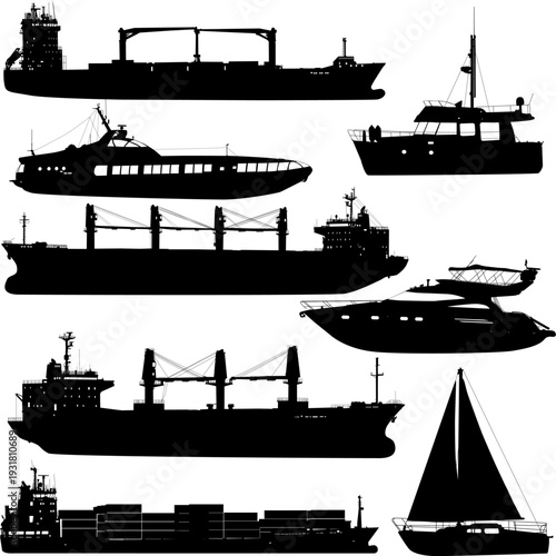 Set of black silhouette ships and yachts isolated on white. Collection includes sailing boats, motor yachts, container vessel and cargo freighter with cranes. Nautical graphics for maritime design