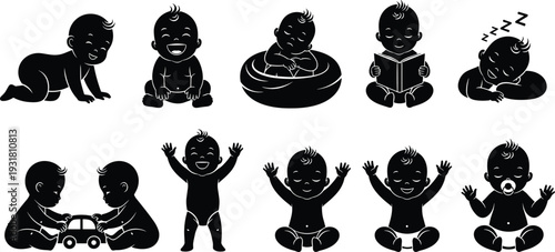 Baby silhouette collection vector set, cute infant activities poses black child illustration isolated on white background design
