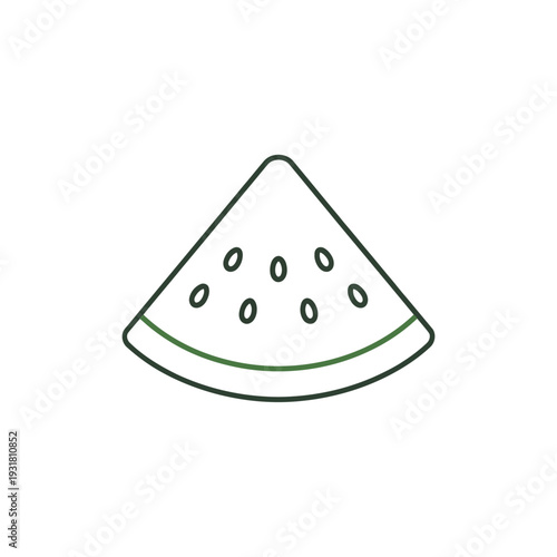 Simple line drawing of a watermelon slice with black seeds
