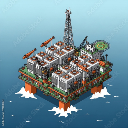 Isometric illustration of an offshore oil rig platform in the ocean.