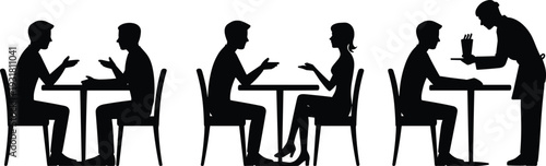 People talking at table silhouettes with waiter serving food, restaurant conversation and dining concept vector illustration