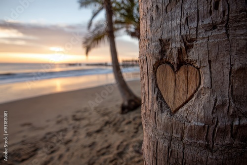 Carved heart on palm tree with blurred tropical beach sunset. Symbolizes enduring love, tropical romance, and unforgettable memories.