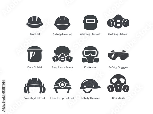 PPE Safety Equipment SVG Icon Set – Hard Hat, Welding Helmet, Respirator, Face Shield, Goggles for Construction Safety Signage, HSE Training & Industrial Manuals