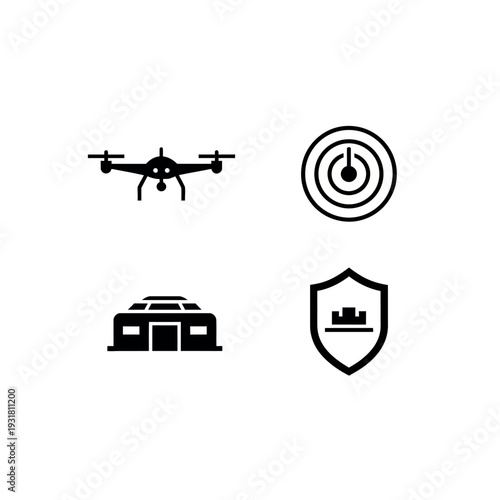 Flat lay of command and control systems icons including a drone, target, warehouse, and shield on a white background with a graphic design style and neutral color palette.