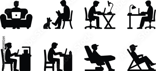 People working from home silhouettes set with laptop office desk and relaxation poses vector illustration isolated