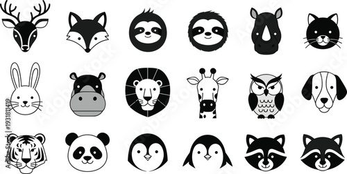 Cute animal face icons set, black and white vector collection of woodland and wild animals illustration isolated