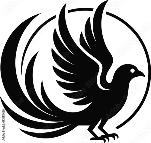 Phoenix bird silhouette vector illustration, mythical rising fire bird emblem in black solid logo design isolated