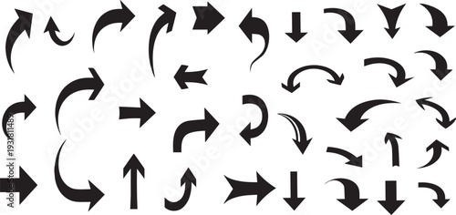 Collection of various black arrows on white background