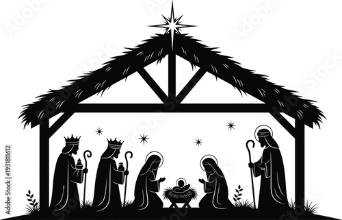 Christmas nativity silhouette scene vector illustration, Holy Family with Three Wise Men in manger stable religious black art