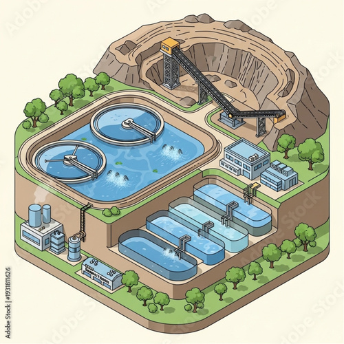 Water Treatment Plant Facility with Reservoirs and Infrastructure.