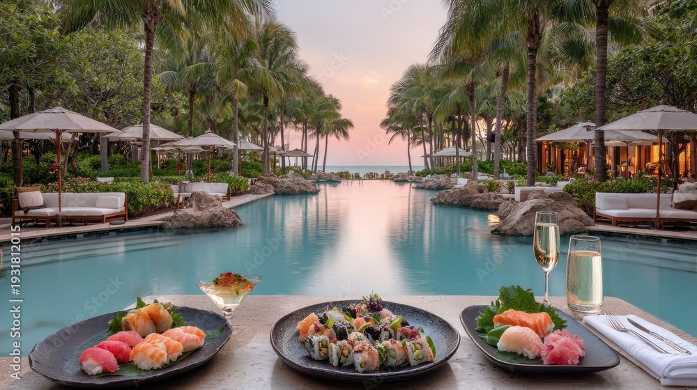 Obraz premium Gourmet seafood plates and chilled beverages await diners beside a tropical infinity pool at sunset