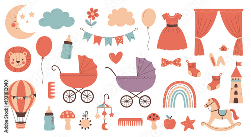 Cute baby nursery elements set, pastel vector illustration with stroller, toys, rainbow, balloons isolated on white background