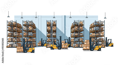 Busy Warehouse Interior with Forklifts and Boxes Vector Illustrations.