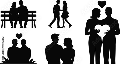 Romantic couple silhouettes set with love heart symbol, relationship and dating concept vector illustration isolated