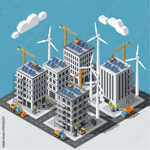Sustainable City Block with Renewable Energy and Construction.