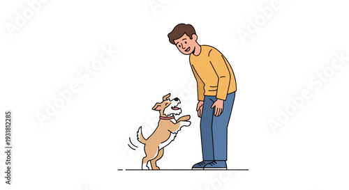 A joyful man in a yellow sweater playfully interacts with a happy pup against a clean white background.