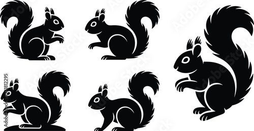 Squirrel silhouette collection, cute woodland animal set in black solid vector design isolated on white background