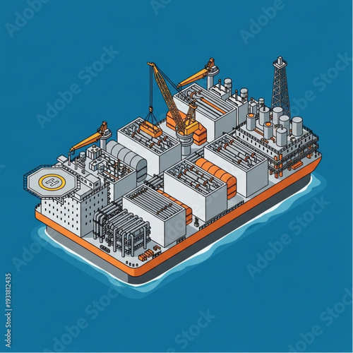 Isometric illustration of an offshore oil rig platform in the ocean.