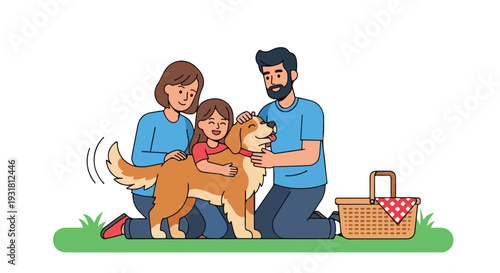 A joyful family with a playful pup having a reunion on green grass with a picnic basket nearby.