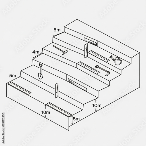 Isometric diagram of layered construction site with various tools and measurements.