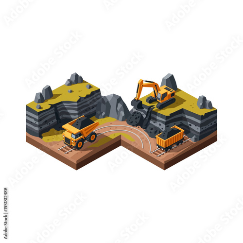 Isometric Mining Operation with Heavy Machinery and Ore Transport.