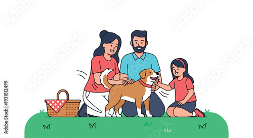A joyful family with a playful pup having a reunion outdoors with a picnic setup.