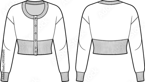 PrintCropped cardigan sweater fashion illustration, front and back technical sketch, round neckline, ribbed cuffs, button closure, garment design