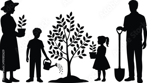 Family gardening silhouette illustration, teamwork planting tree, eco friendly lifestyle, sustainability concept, nature conservation, environmental care, bonding outdoors