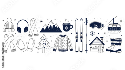 Hand drawn doodle ski essentials collection. Winter activities 2