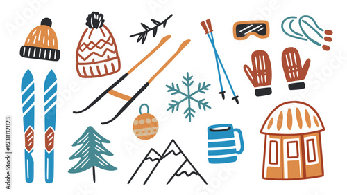 Hand drawn doodle ski essentials collection. Winter activities