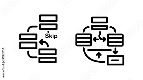 Process flow diagram icons: workflow, process flow, skip button, business logic, data flow, flowchart symbols