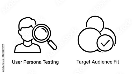 User persona testing and target audience fit icons: person with magnifying glass, overlapping circles with checkmark, customer analysis