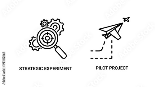 Strategic experiment and pilot project icons: magnifying glass, gears, paper airplane launching, innovation, startup ideas