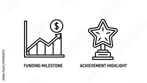Funding milestone and achievement highlight icons: progress chart, dollar sign, trophy award, business goals, success celebration