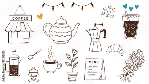 Hand drawn doodle vintage cozy café themed vector illustration set