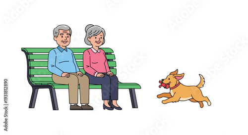 Elderly couple sitting on a green park bench with a playful pup running beside them, conveying a joyful reunion scene.