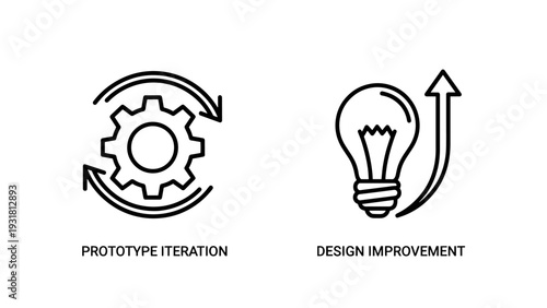 Prototype iteration and design improvement icons: gear with arrows, lightbulb idea, innovation, product development cycle