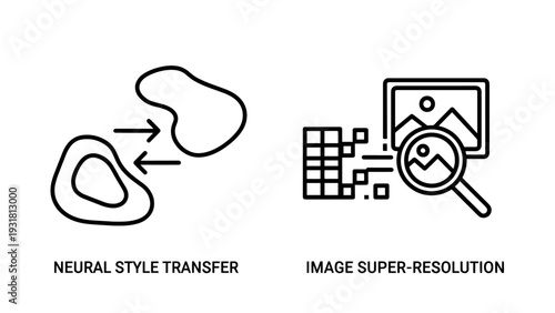 Icons for neural style transfer and image super-resolution, representing AI art generation and image enhancement.