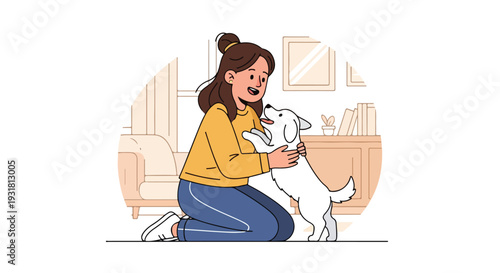 A joyful woman kneeling and playfully hugging a white pup in a living room with warm tones and a modern minimalist decor.